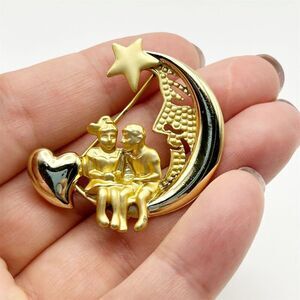 Vintage AJC Celestial Moon Star Heart Couple Gold Tone Brooch Pin Celestial